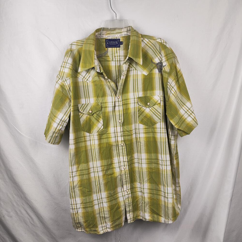 Cowboy Hardware Shirt Mens 2XL Green Plaid Short Sleeve Western Snap Skull